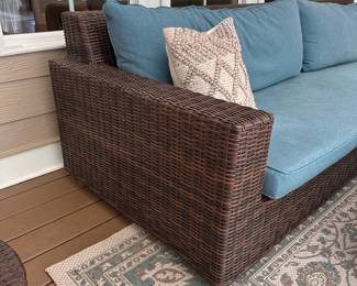 L12 - $1500. Pottery Barn Torrey Wicker Square Arm Grand Outdoor Sofa & Ottoman. Measures 110" x 40" x 30.5" tall. Includes all weather cover & white replacement cushion covers. Ottoman is 76" x 33" x 11.5" tall (15" tall with cushion). Gentle wear on cushions but the wicker frames are in excellent condition - no issues noted.