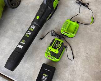 L88 - $450. Greenworks Pro 60V Push mower 21". String Trimmer & Blower. Includes 6 batteries & 3 chargers.