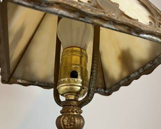 L5 - $125. Vintage / Antique Slag Glass Lamp. Metal Base that has been painted, minor chipping. Measures 16" tall.