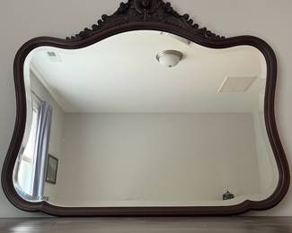 L8 - $475. Believed to be RJ Horner. Figural Carved Framed Mirror. Has dovetailed, Birdseye Maple lined drawers. Needs new handles, but all drawers are solid, quite heavy and slide perfectly! Antique Dresser from NYC. Measures 55.5" x 26" deep x 33" tall. Mirror is 45" x 41". 74" tall assembled. Has 2 small holes on the top that look original but I'm not sure what is supposed to go in them.