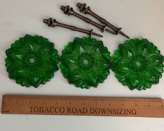 L51 - $45 Set of 3 Pressed Glass Drapery Tie Backs. Green glass.
