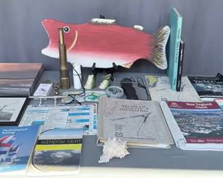 Coastal Nautical Decor  Navigation Lot  Sailing Books, Brass Scope, Fish Wall Art, Charts  Mariti