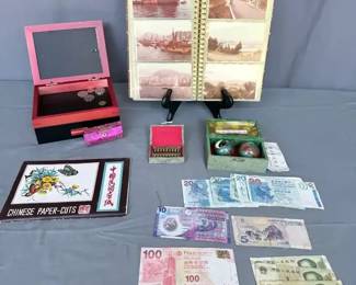 Asian Collectibles Lot  Photo Album, Currency, Cloisonn, Abacus, Paper Cuts  Keepsake Boxes 