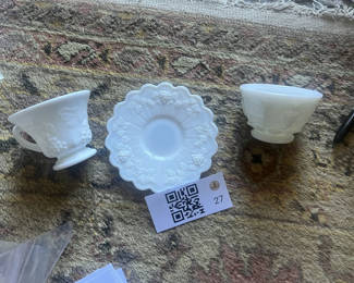 Lot 27: 3 Pieces Westmoreland Grapevine Milk Glass Tea Cups Saucers
