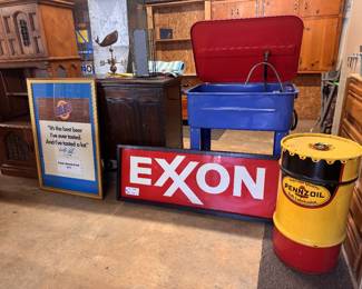 Exxon framed meatl sign, like new pressure washer, Pennzoil barrel (3 available) & record player cabinets!