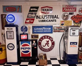 Pure Reproduction light up pump, Alabama Hand Painted metal sign, Texaco & Goodyear original signs! 