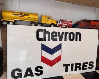 Original Chevron Sign and some Buddy L Coke and Truck, Pennzoil Toy Tanker