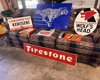 Flange signs, Firestone NOS & cool gas pump plate!