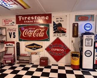 Firestone New Old Stock sign! Coca-Cola Original fishtail! Railway Express original porcelain! Double sided original Goodyear sign! Double sided US Army recruitment sign that was hanging in the Troy, AL Post Office at one time!