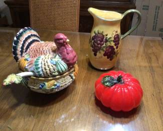 Turkey bowl with ladle, pitcher and glass pumpkin