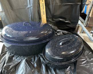 2 Blue Speckled Oval Roasting Pans $15.00