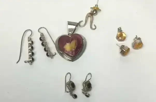 Sterling Silver Jewelry with Pressed Flower Heart Pendant and Earrings