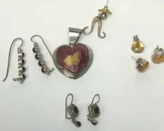 Sterling Silver Jewelry with Pressed Flower Heart Pendant and Earrings
