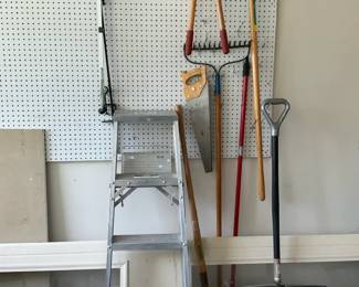 Garage  Yard Tools with Ladder, Snow Shovel, Rakes and Seasonal Yard Dc