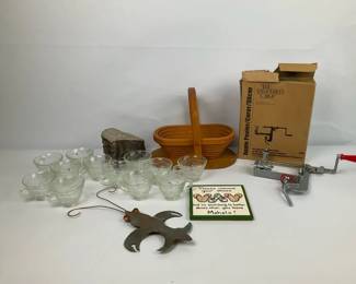 Household Lot with Glass Cups, Longaberger Basket, Pampered Chef Peeler  Dcor
