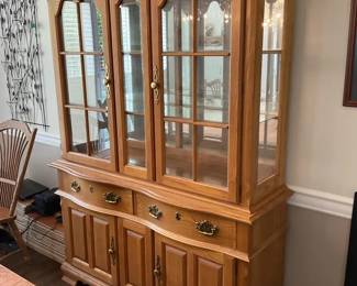Oak Lighted China Cabinet and Buffet Hutch