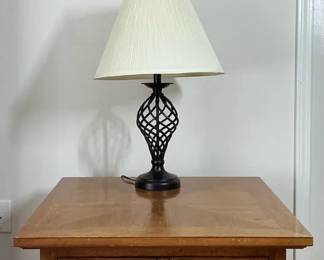 Oak Accent Cabinet with Table Lamp  Framed Wall Art