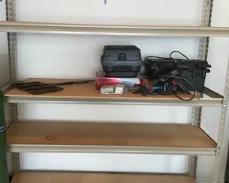 Garage Workshop Lot with Metal Shelving, Craftsman Drill, Toolbox
