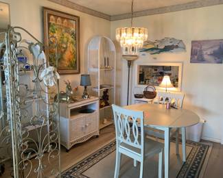 Wicker furniture set, three piece dining set, glassware, artwork…