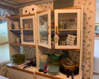 Glassware, Tupperware, Pyrex, assorted mugs and glasses. 