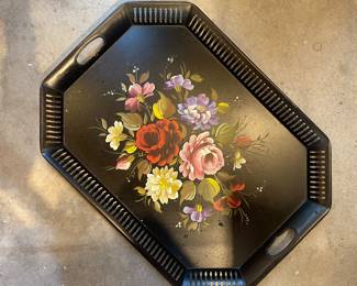 Black metal tray with roses