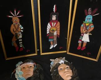 Signed FR Stitched Kachina Art And Two Wall Hanging Ceramic Pieces