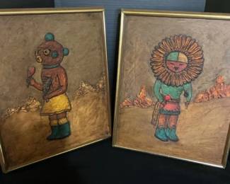 Two 1970s Framed Hopi Created Raised Texture Kachinas