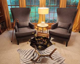 Pair of Modern Wing Back Chairs and Glass Top Coffee Table