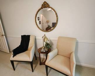 Pair of Accent Chairs and Vintage Round Mirror