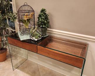 Glass Console Table with Wood Drawers