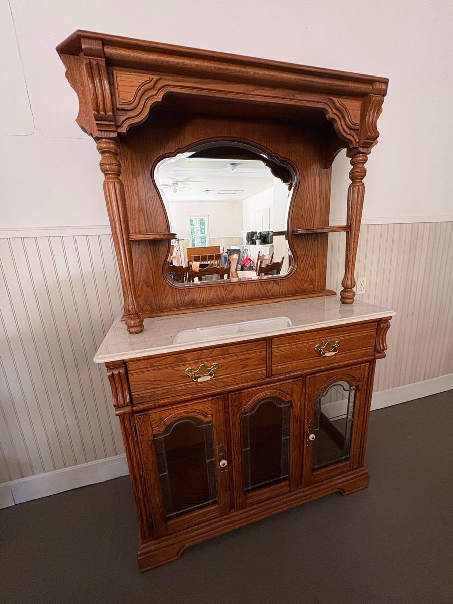 Oak Sideboard Buffet with Mirror and Marble Top