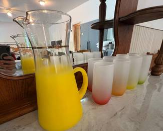 Vintage BLENDO Frosted Glass Pitcher and Tumbler Set with Gold Bands