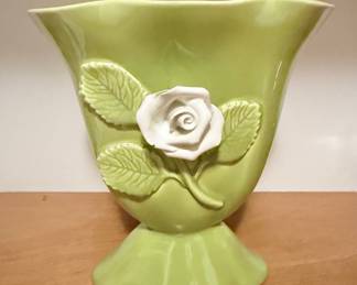 Vintage E.O. Brody Green Ceramic Vase with Applied Rose