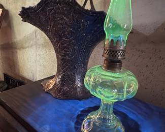 Green Uranium Glass Oil Lamp with Grapes Motif