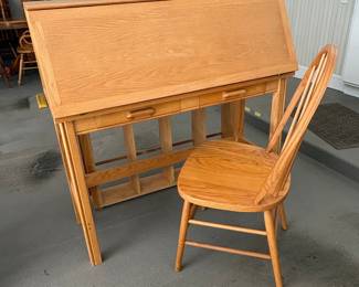 Oak Roll-Top Desk and Chair Set