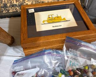 Framed Bulldozer Print and Assorted Marbles