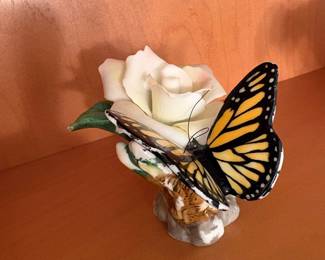 Avon "Source of Fine Collectibles 2003" Porcelain Monarch Butterfly and White Rose Figurine