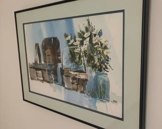 Watercolor Painting of Daisies and Rustic Elements