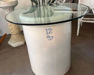 Vintage 12-Gallon Stoneware Crock with Anchor Motif and Glass Top Table