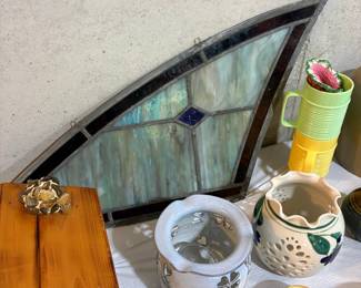 Triangular Stained Glass Panel with Iridescent Blue and Green Glass