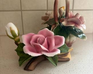 Capodimonte Porcelain Flower Basket Figurine with Pink Roses