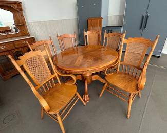 Vintage Oak Dining Table and Chairs Set with Cane Backs and Claw Feet
