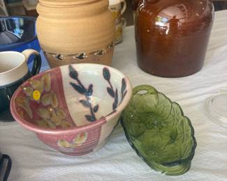 Stoneware Crock, Hand-Painted Ceramic Bowl, and Pressed Glass Dish Set
