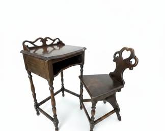 Antique Carved Walnut Writing Desk and Stool Set