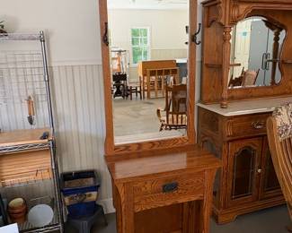 Antique Oak Hall Tree with Mirror and Drawer