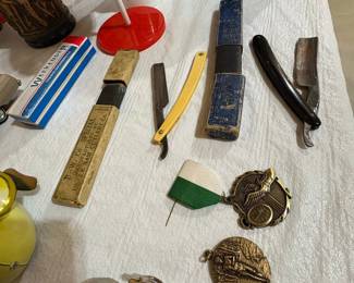 Vintage Straight Razor Set with Hohner Harmonica and Medals
