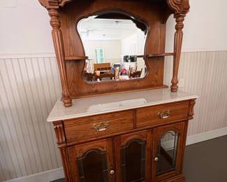 Oak Sideboard Buffet with Mirror and Marble Top