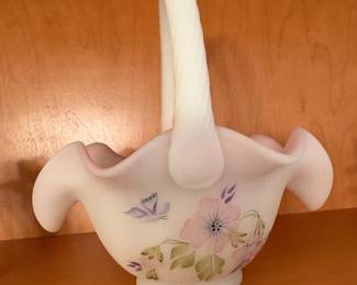 Fenton Art Glass Hand-Painted Frosted Glass Basket with Berries and Blossoms