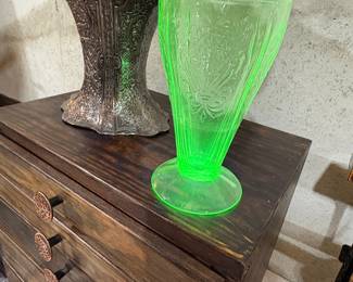 Green Uranium Glass Footed Tumbler - Cameo Pattern