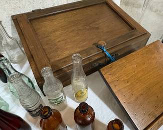 Vintage Wooden Writing Box with Assorted Glass Bottles